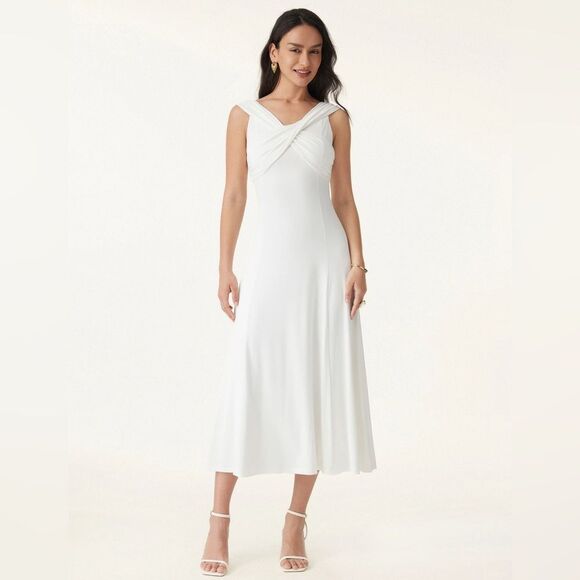 New OGL Eco-SkinKiss® Flowy Criss Cross Off-shoulder Midi Brami Dress Rose Mauve - Picture 11 of 15